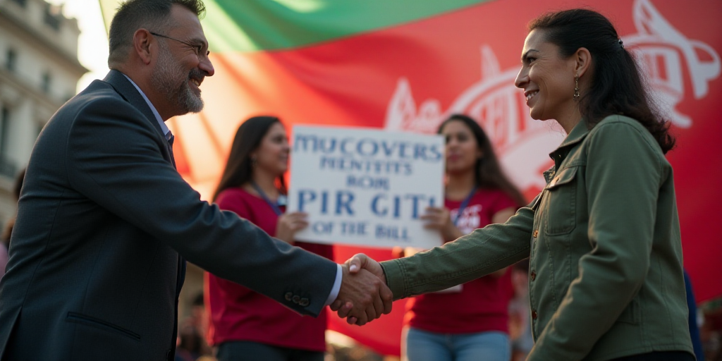 a man and woman shaking hands in front of a banner with a flag on it and a sign with a message on it