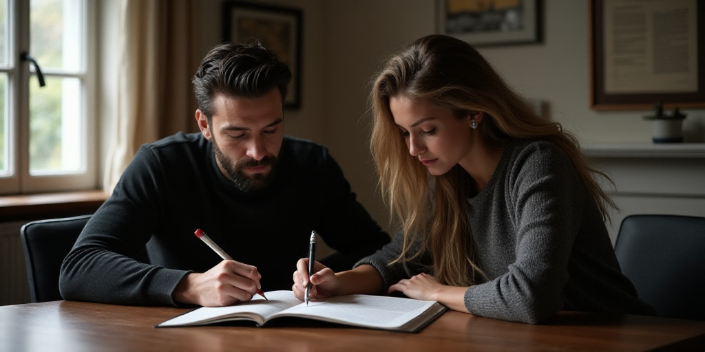 a man and woman sitting at a table with a laptop and a notebook in front of them, both looking at a