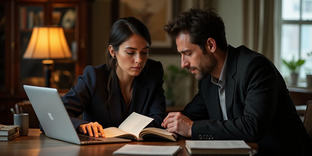 a man and woman sitting at a table with a laptop and a notebook in front of them, both looking at a