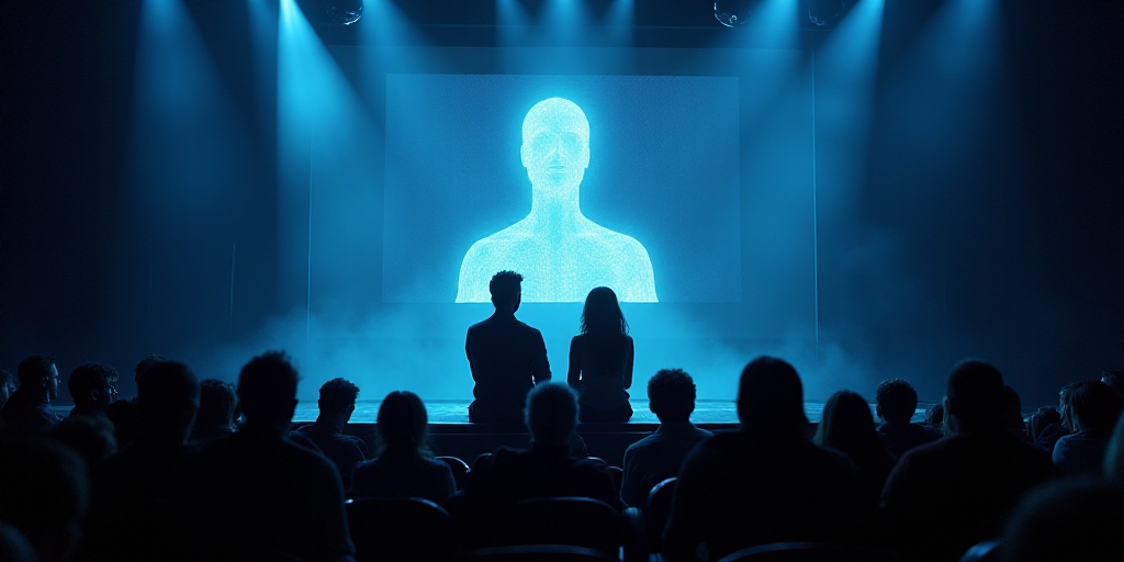 a man and woman sitting on a stage in front of a crowd of people at a convention with a man standing