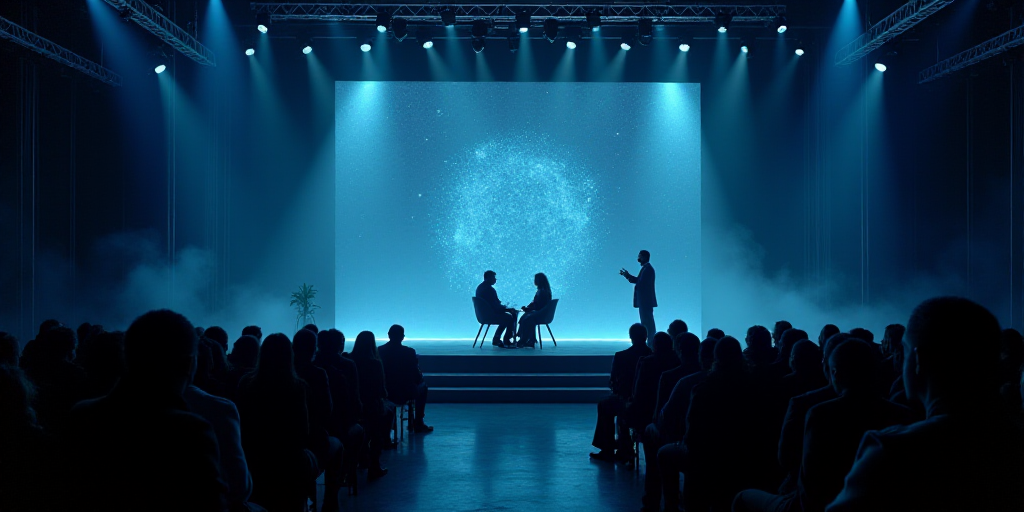 a man and woman sitting on a stage in front of a crowd of people at a convention with a man standing