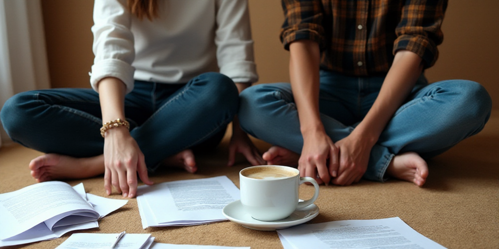 a man and woman sitting on the floor with papers scattered around them and a cup of coffee in front