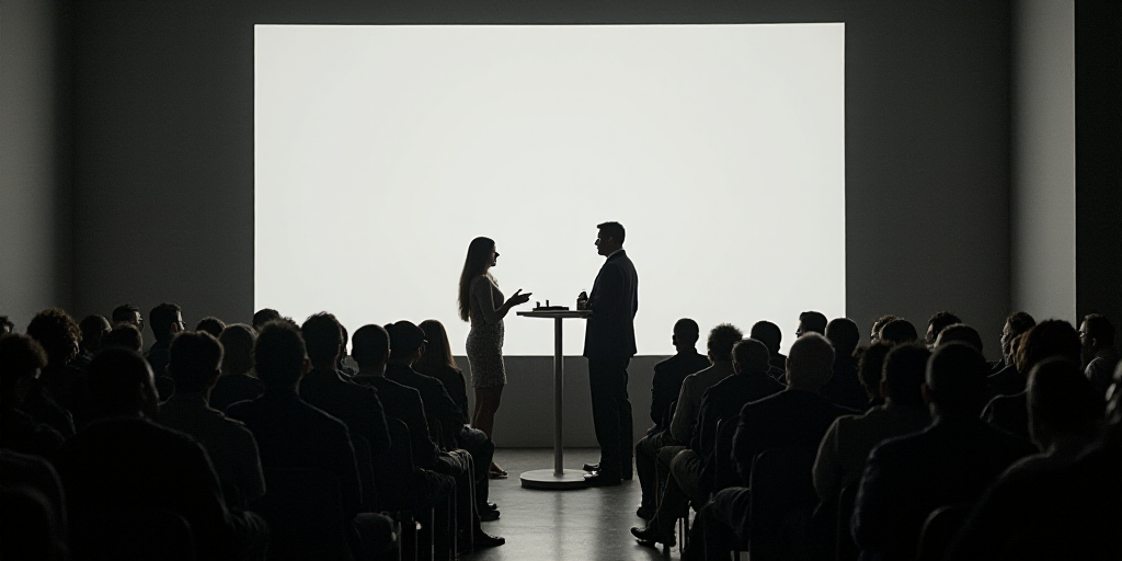 a man and woman standing at a podium in front of a crowd of people in front of a screen, Ada Gladys