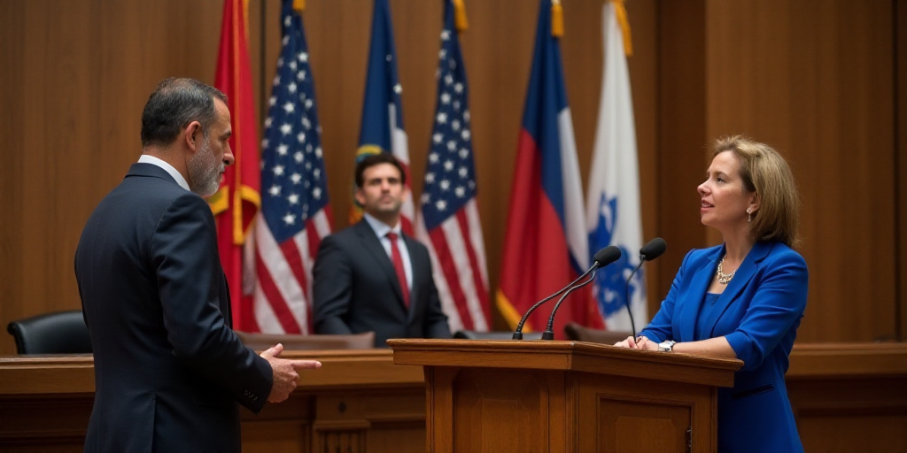 a man and woman standing at a podium in front of flags and banners in a room with a man in a suit an