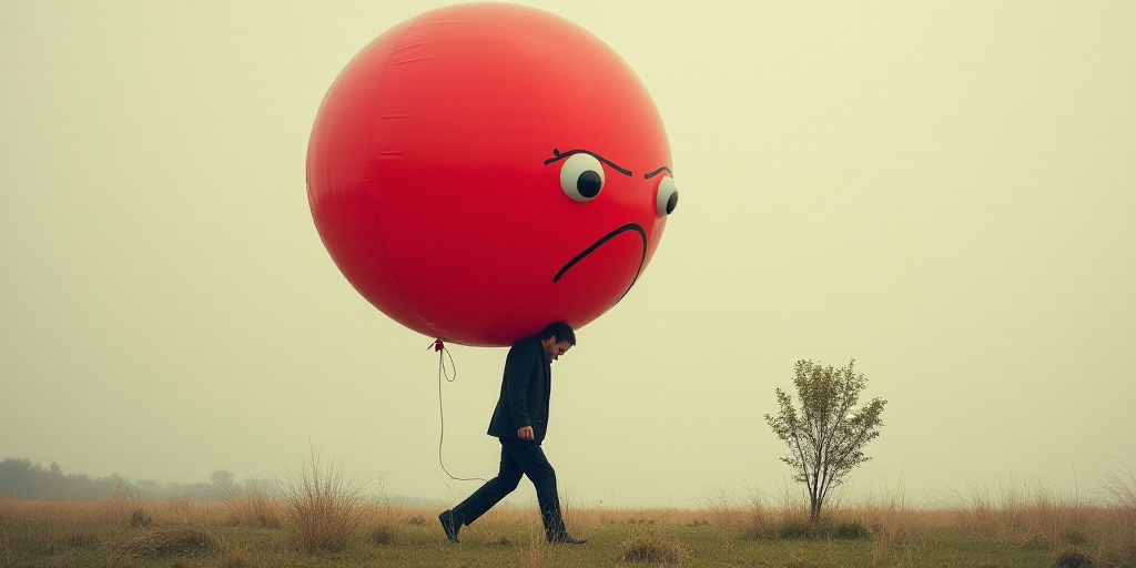 a man carrying a huge red balloon with a sad face on it's back, with a plant in the background, Éva