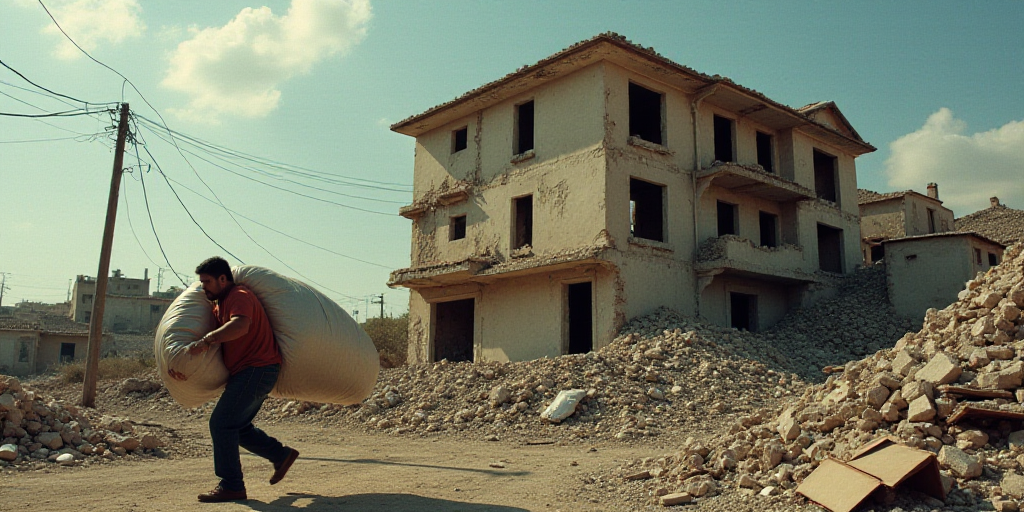 a man carrying a large bag of garbage walks past a building that has been torn down and destroyed do