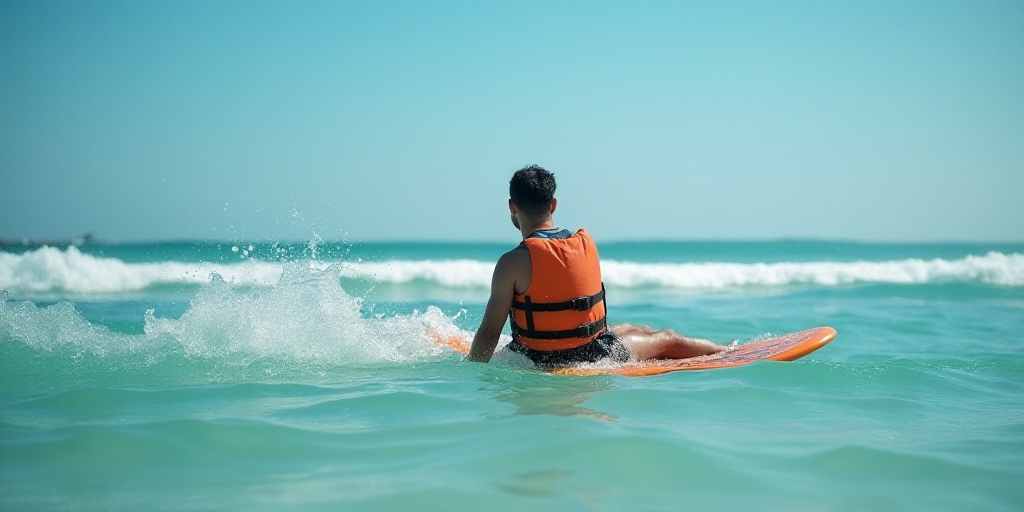 a man floating on a boogie board in the ocean with a life jacket on his back and a life vest on his
