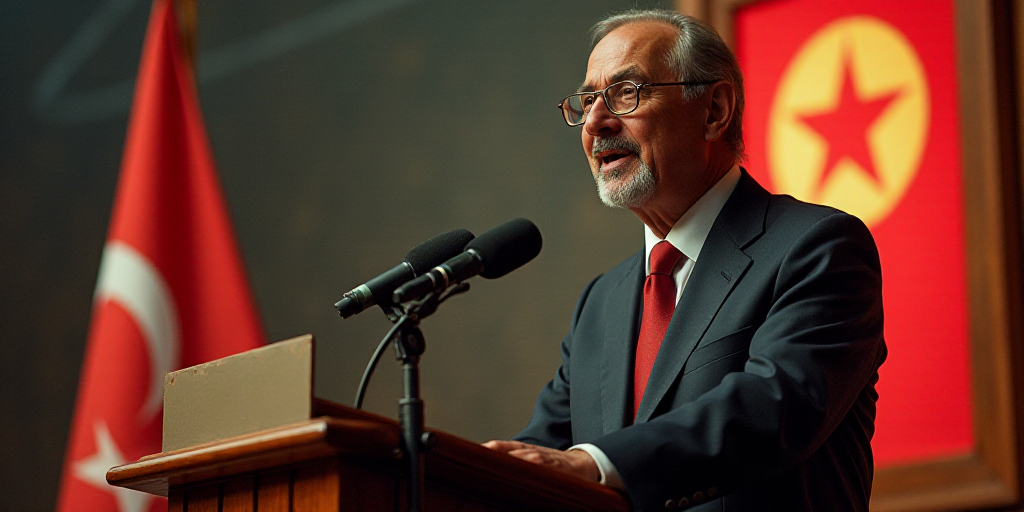 a man giving a speech at a podium with a microphone in front of him and a flag on the podium, Carlos