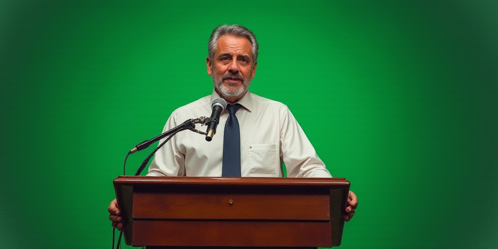 a man giving a speech at a podium with a microphone in front of him and a green background behind hi