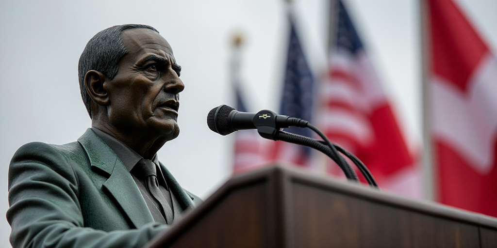 a man giving a speech at a podium with flags in the background and a microphone in the foreground, D