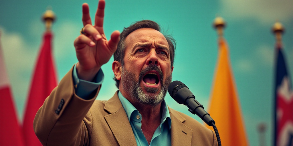 a man giving a speech in front of flags and a microphone with a finger up in the air and a ring on h