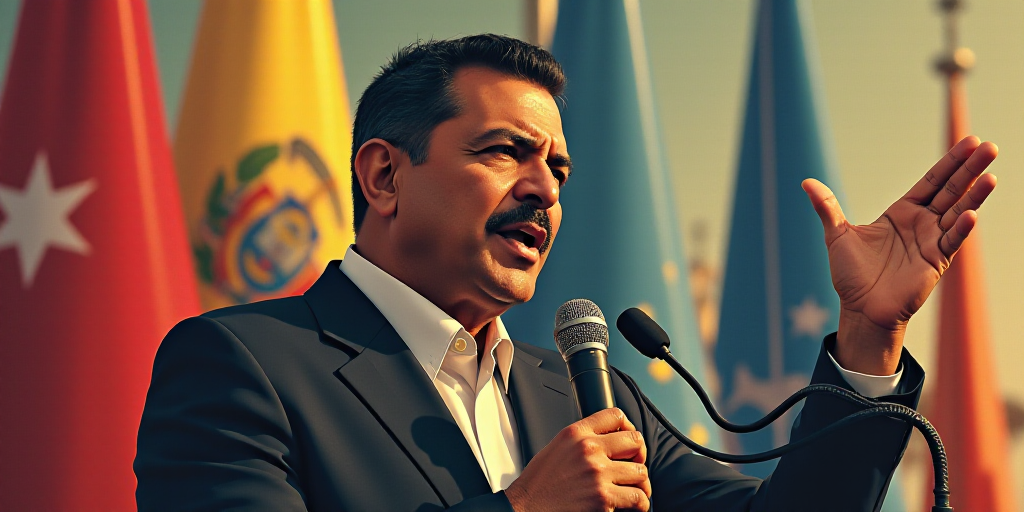 a man giving a speech in front of flags and a microphone with a microphone in his hand and a microph