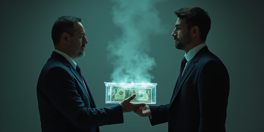 a man holding a box of money next to a man in a suit holding a box of money in his hand, Eduardo Lef