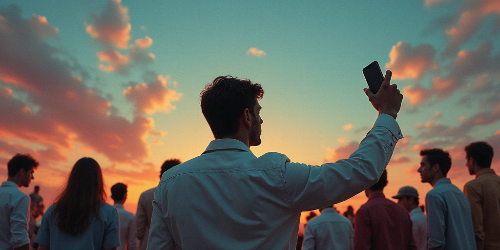 a man holding a cell phone in his hand and looking up at the sky with other people around him, Carlo
