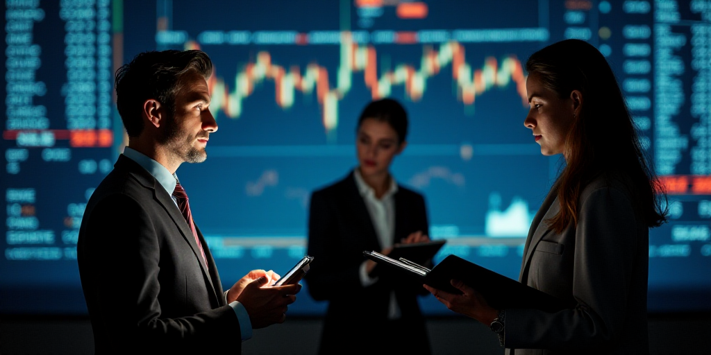 a man holding a cell phone in front of a stock market board with a woman looking at it and another w