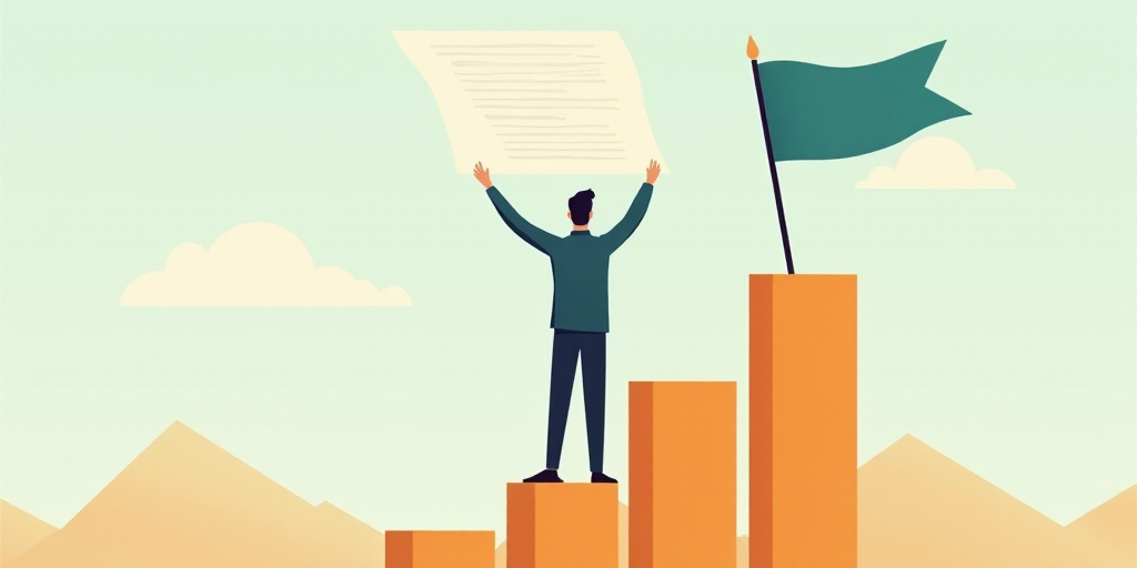a man holding a giant piece of paper above his head on a bar chart with a flag and a flag pole, Andr