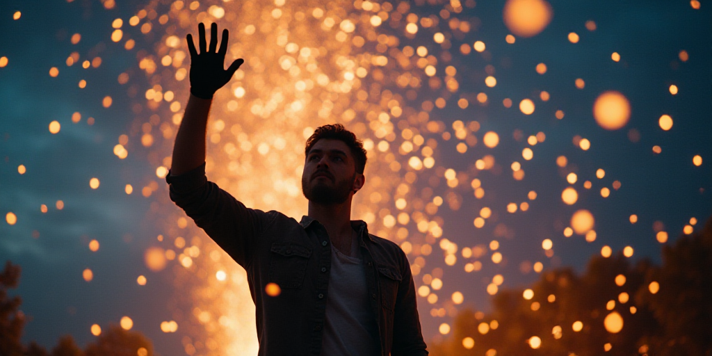 a man holding a glove up in the air with confetti in the background and a sky full of confetti, Chas