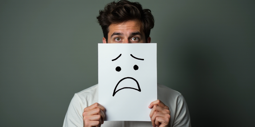 a man holding a paper with a sad face drawn on it in front of his face and a sheet of paper in front