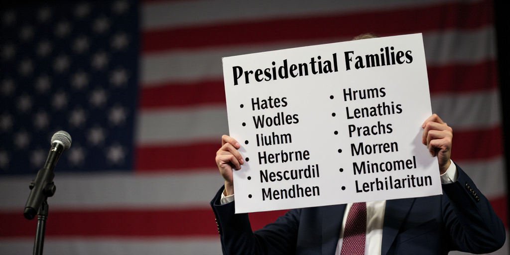 a man holding a sign with a list of presidential families on it in front of a microphone and america