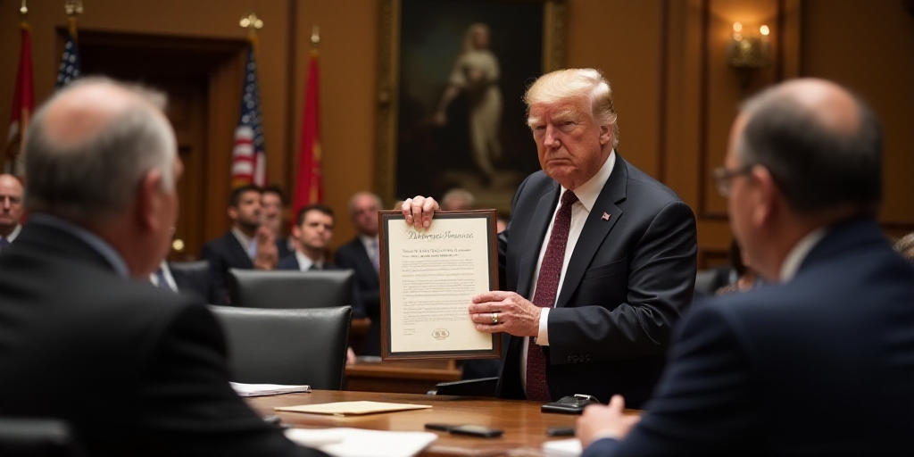 a man holding a signed document in front of a group of people in a room with flags and flags, Donald