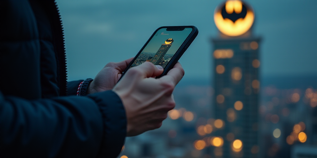 a man holding a smart phone in his hands and a picture of a building with a bat logo above it, Báli