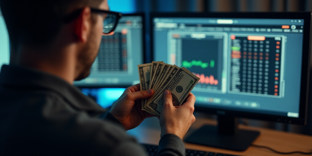 a man holding a stack of money in front of a computer screen with a monitor on it and a keyboard, An