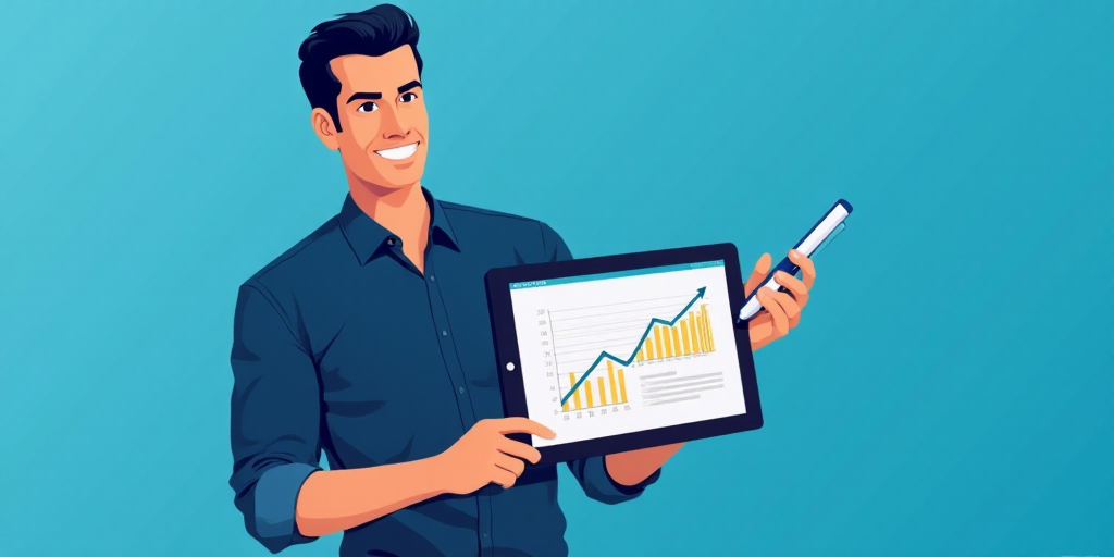 a man holding a tablet with a business diagram on it and a pen in his hand with a blue background, C