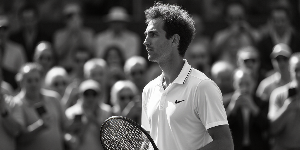 a man holding a tennis racket in his hand and a crowd behind him taking pictures of him with their c