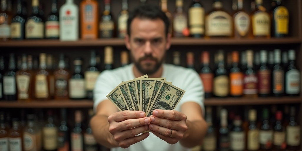 a man holding five powerball bills in his hands in a store with a shelf of liquor bottles behind him
