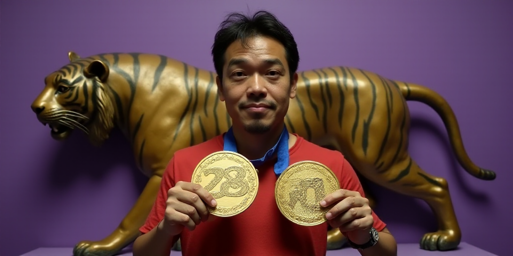 a man holding two gold medals in front of a purple wall with a tiger on it's chest, Diego Velázquez