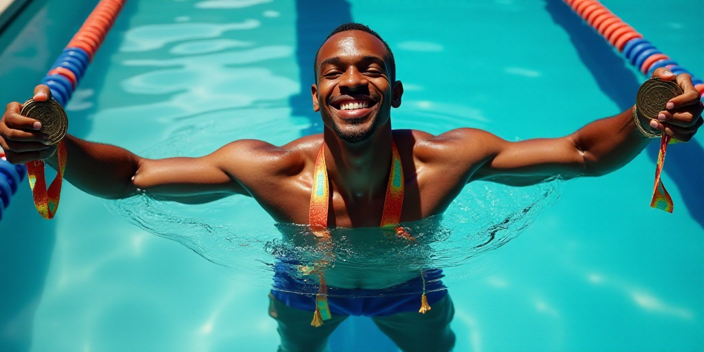 a man holding two medals in his hands and smiling at the camera with his arms outstretched in a swim