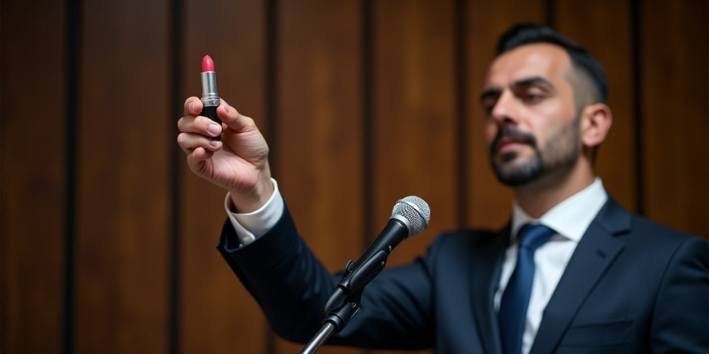 a man holding up a bottle of lipstick in front of a microphone and a man in a suit and tie, Fikret M