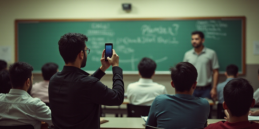 a man holding up a cell phone in front of a classroom full of students and a man standing next to hi