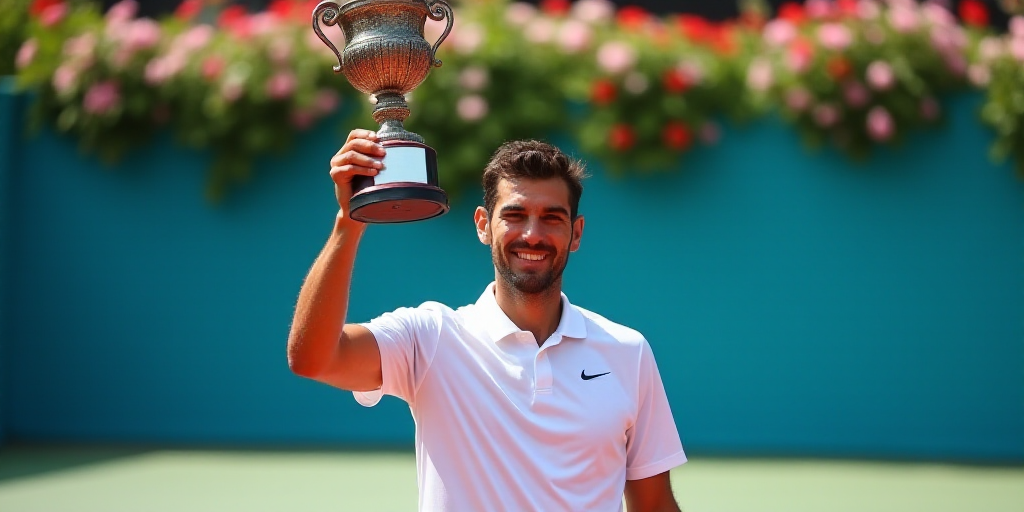 a man holding up a trophy on a tennis court with flowers in the background and a blue wall behind hi