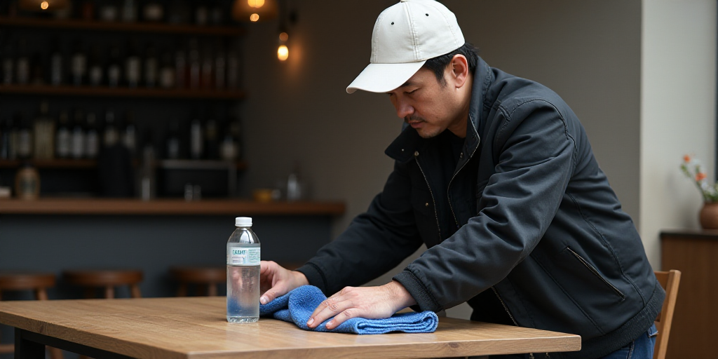 a man in a black jacket and a white hat is cleaning a table with a bottle of water and a blue towel,
