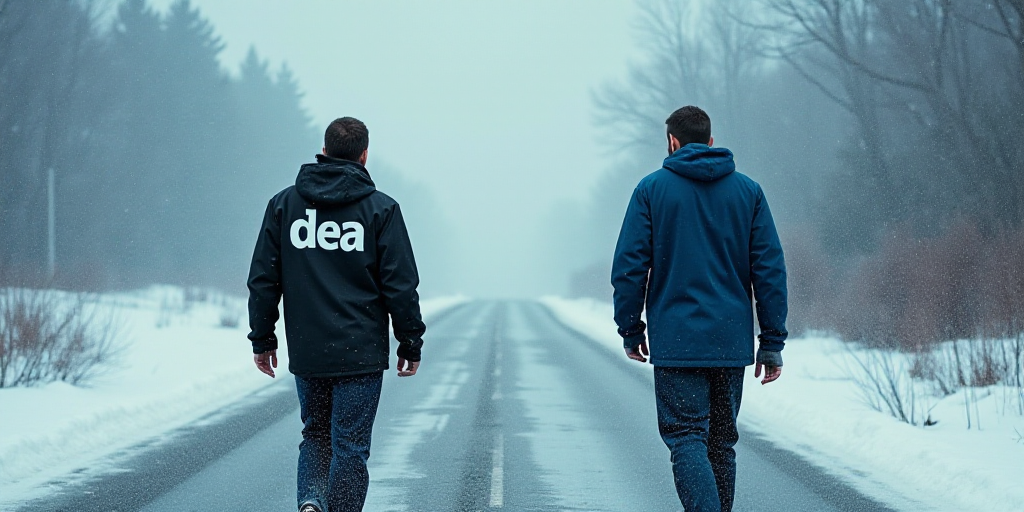 a man in a black jacket with the word dea on it is walking towards another man in a blue shirt, Elai