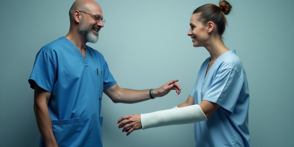 a man in a blue scrub suit holding the hand of a woman in a white cast on her arm, Anne Rigney, cybe