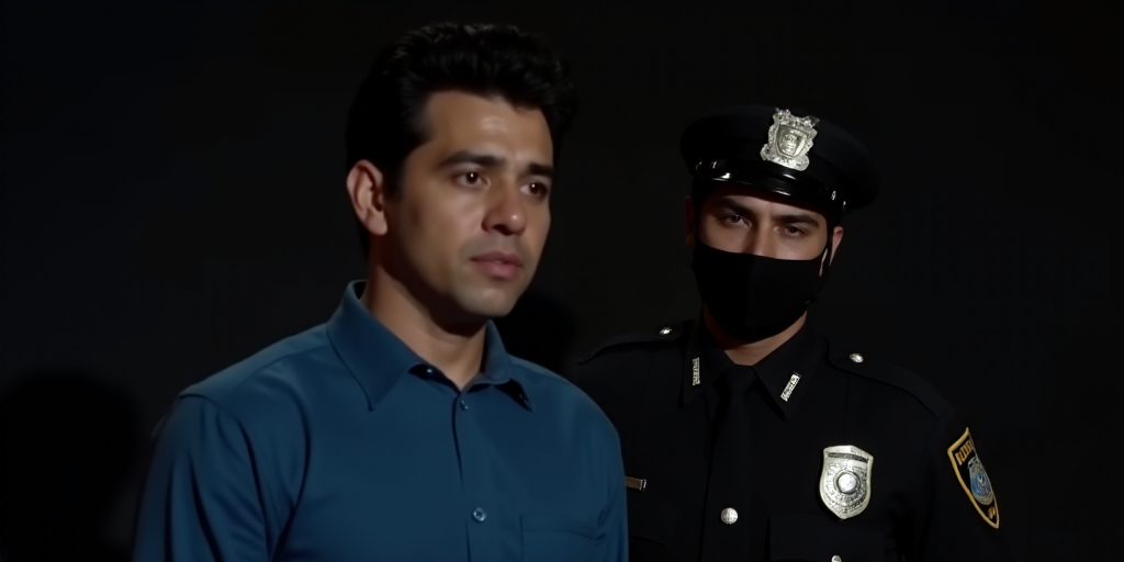 a man in a blue shirt and a police officer in a black shirt and a black helmet on a dark background,