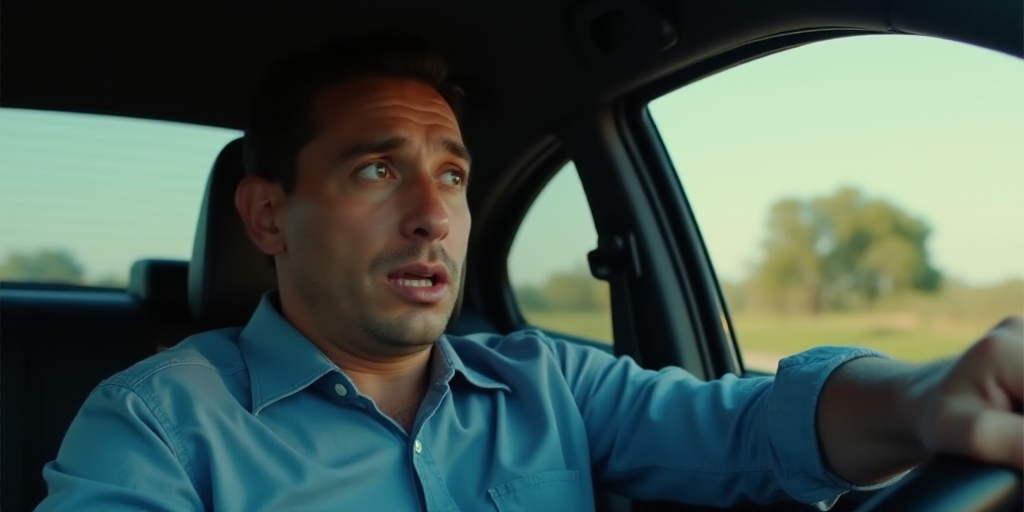 a man in a blue shirt is sitting in a car and looking out the window with a surprised look on his fa