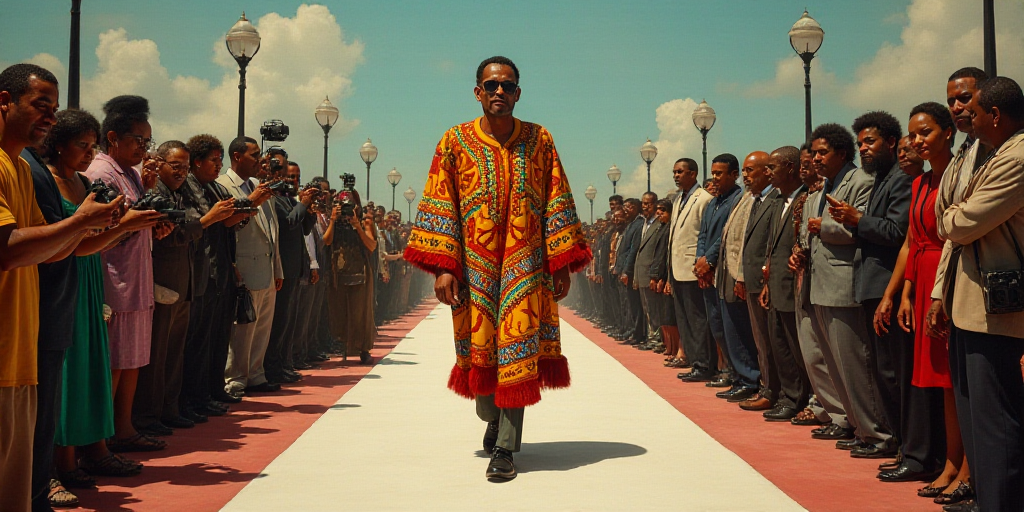 a man in a colorful ponchot walks down a runway with cameras around him and a large crowd of people