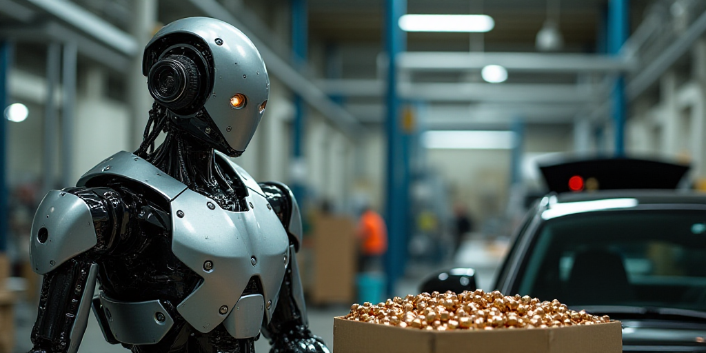 a man in a factory working on a car with a box of nuts in front of him and a car with a box of nuts