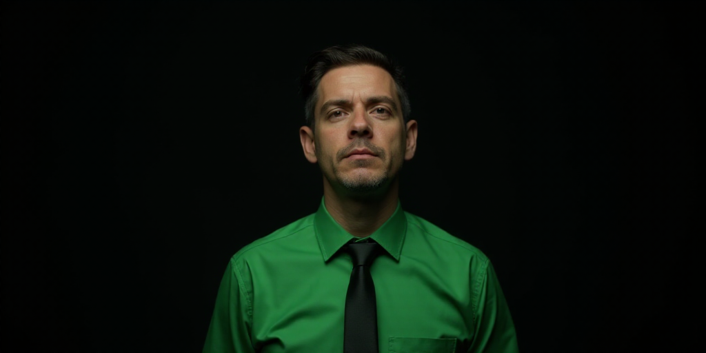 a man in a green shirt and tie looking at the camera with a dark background and a black background,