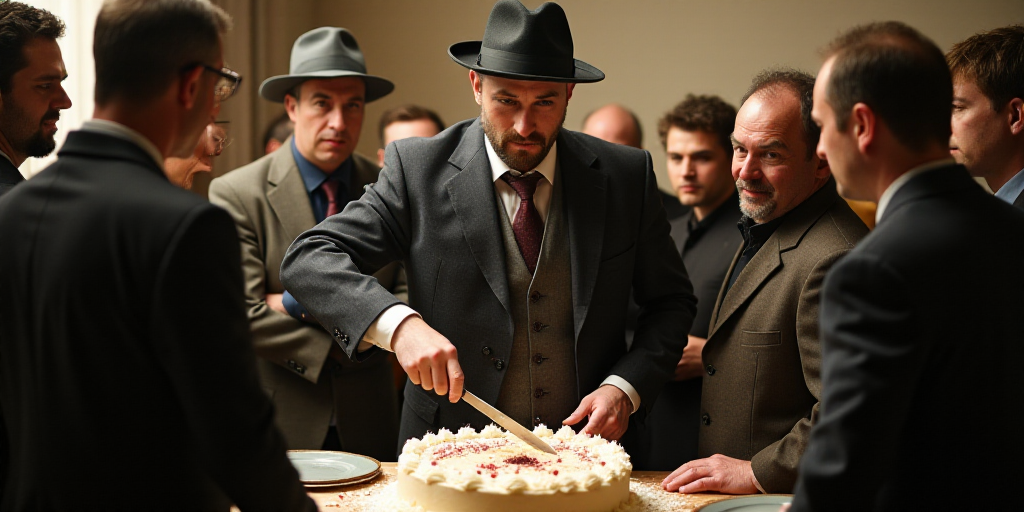 a man in a hat is cutting a cake with a knife and other people are standing around him and looking o