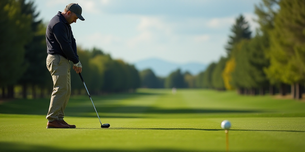a man in a hat swinging a golf club at a ball on a course with trees in the background, Ceferí Oliv