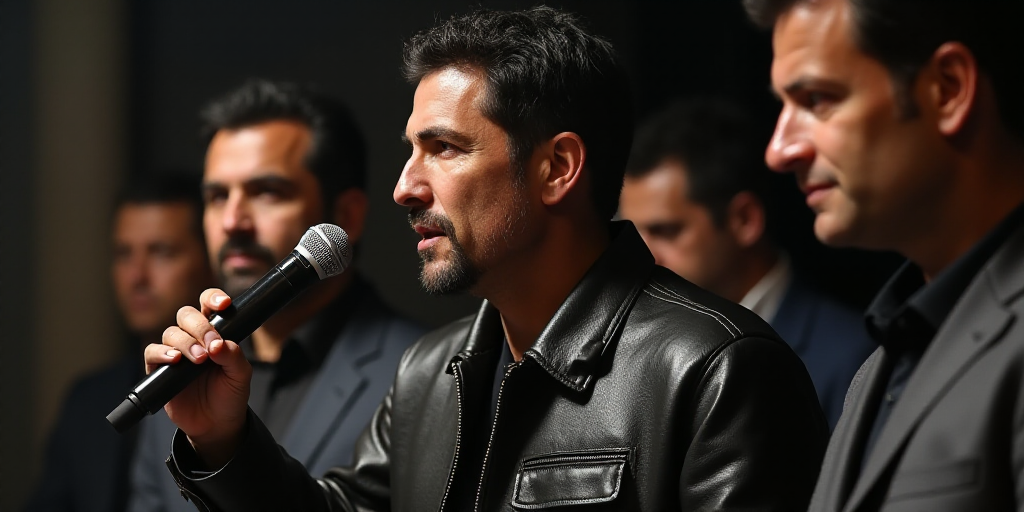 a man in a leather jacket speaking into a microphone with other men in the background looking on and