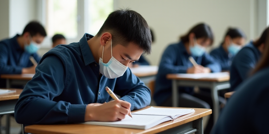 a man in a mask is writing in a classroom with other students sitting at desks and wearing masks, Ca