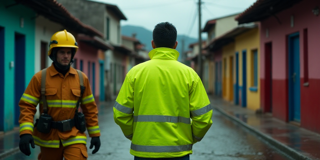 a man in a neon green jacket is standing in a flooded street with a fireman in a neon green jacket,