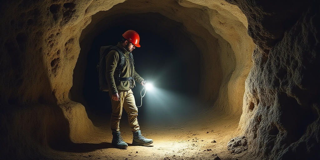a man in a red helmet is in a cave with a light on his hand and a flashlight in his other hand, Cefe