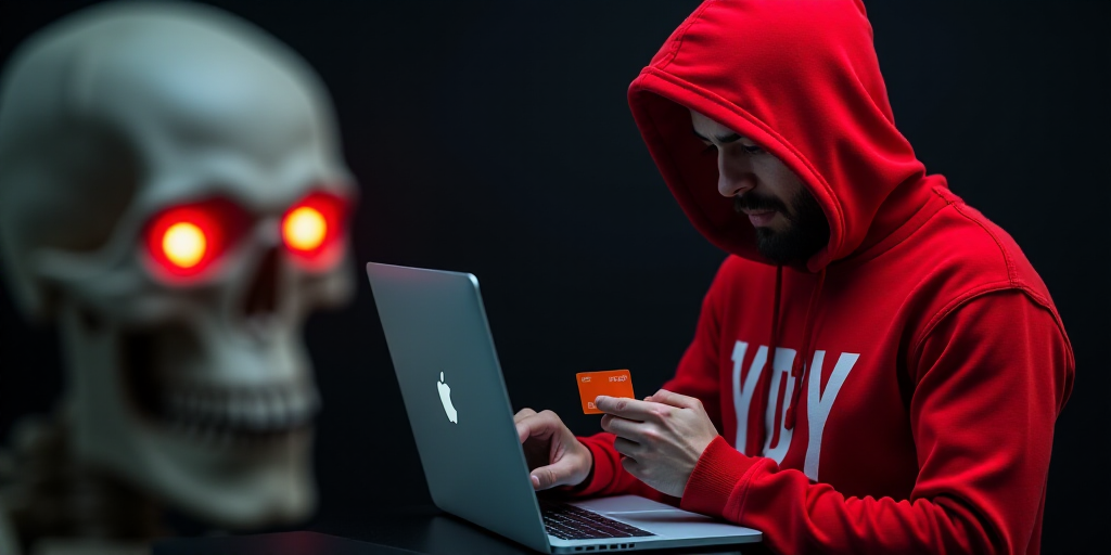 a man in a red hoodie holding a laptop and a credit card in his hands and a skull on the background,