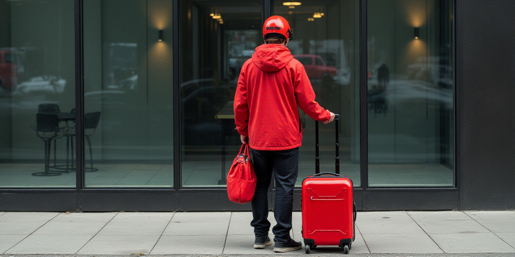 a man in a red jacket and helmet standing next to a red bag and a red suitcase on the sidewalk, Bour